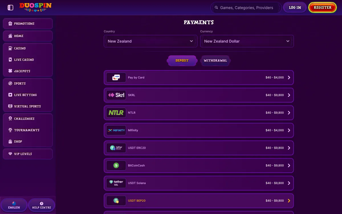 Duospin Casino — Payments, captured from New Zealand