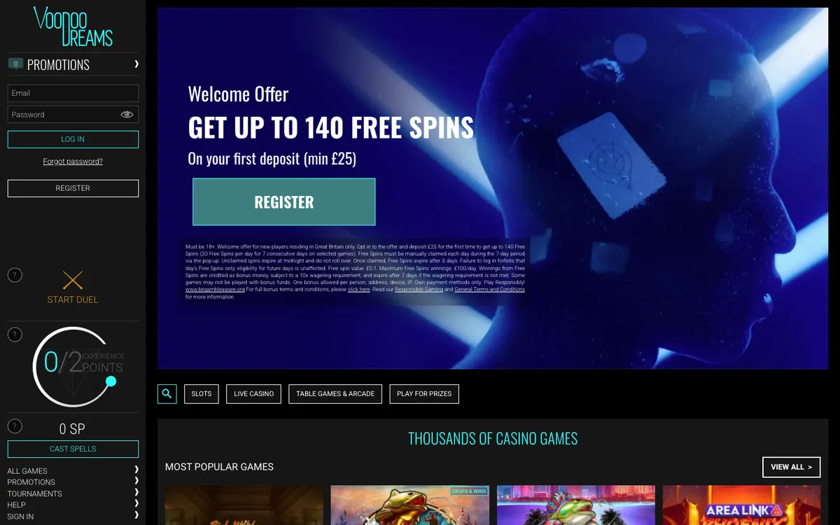 VoodooDreams Casino — «Главная», снято из страны Великобритания