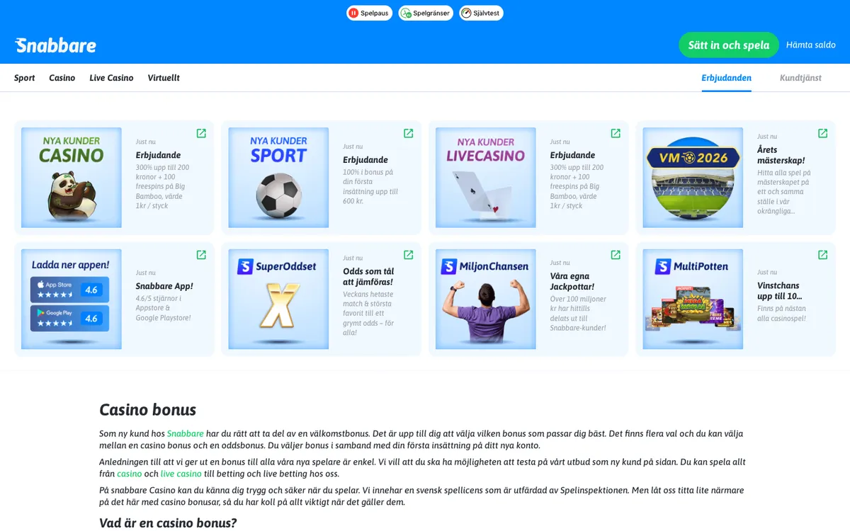 Snabbare Casino — Promotions, captured from Sweden