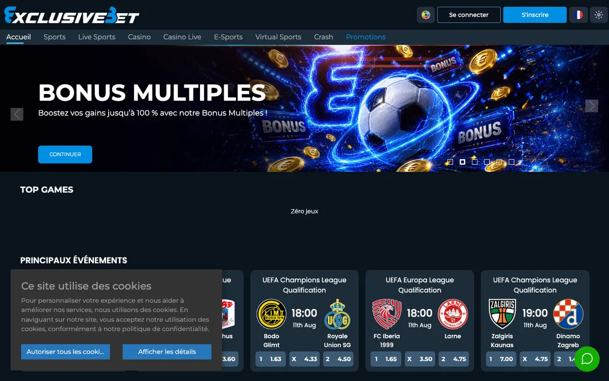 ExclusiveBet Casino — Home page, captured from France