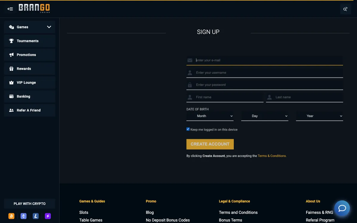 Brango Casino — Sign-up, captured from New Zealand