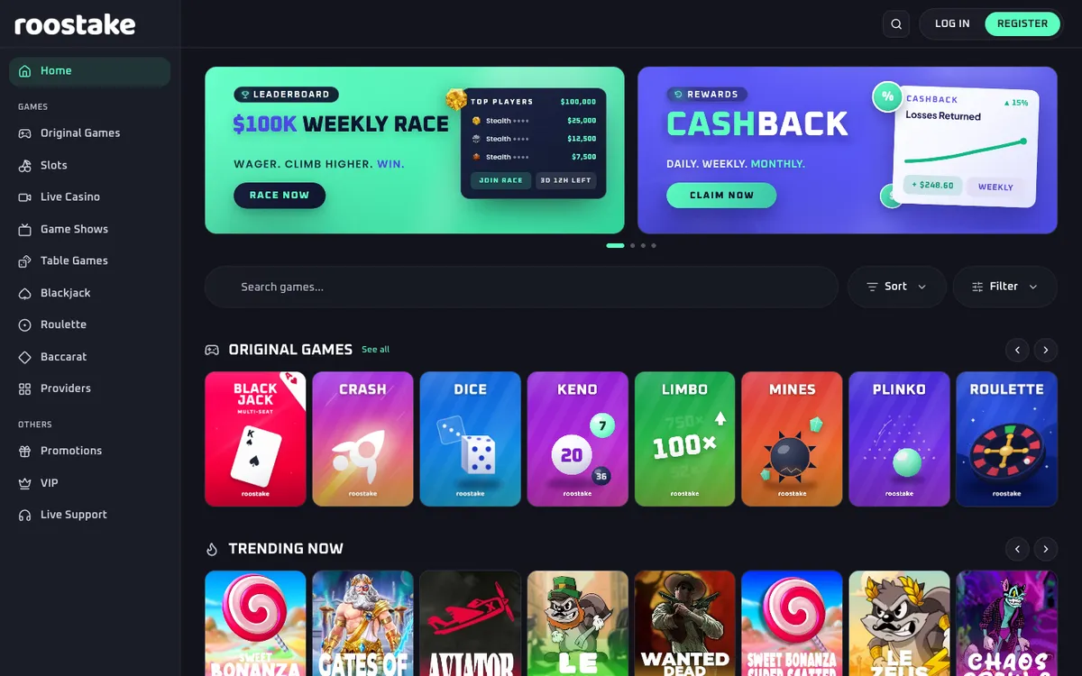 RooStake Casino — Home page, captured from Brazil
