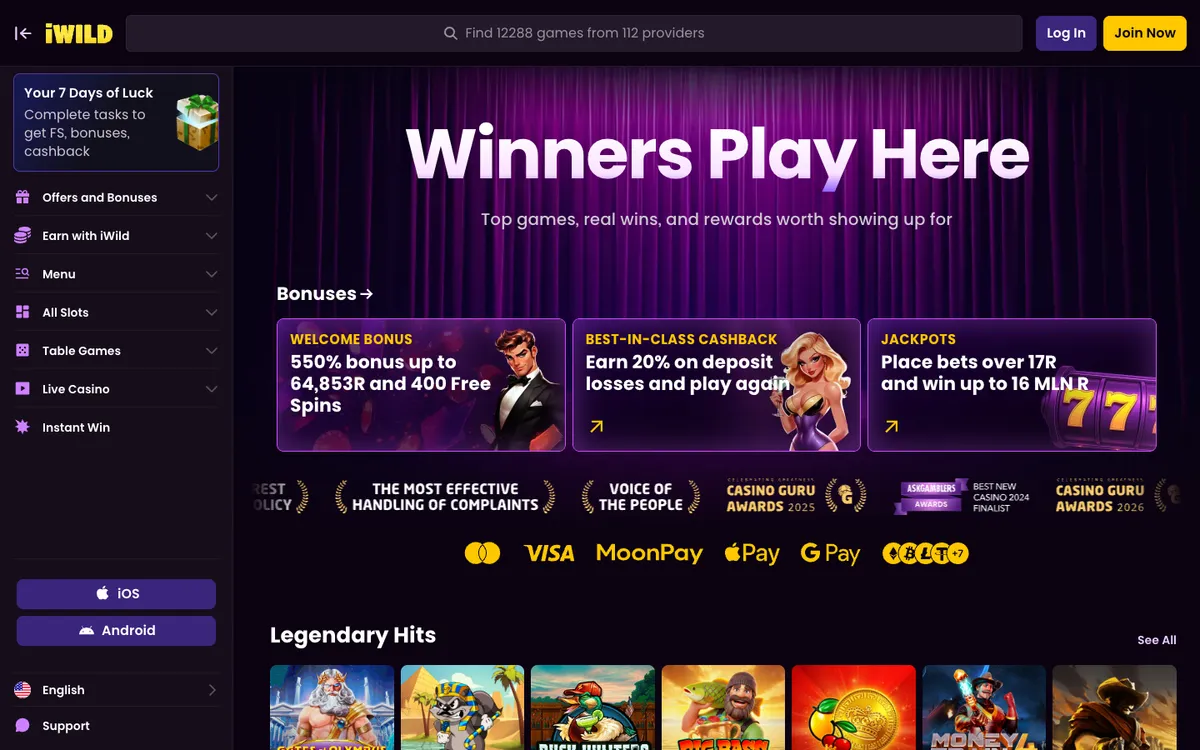 iWild Casino — Home page, captured from South Africa