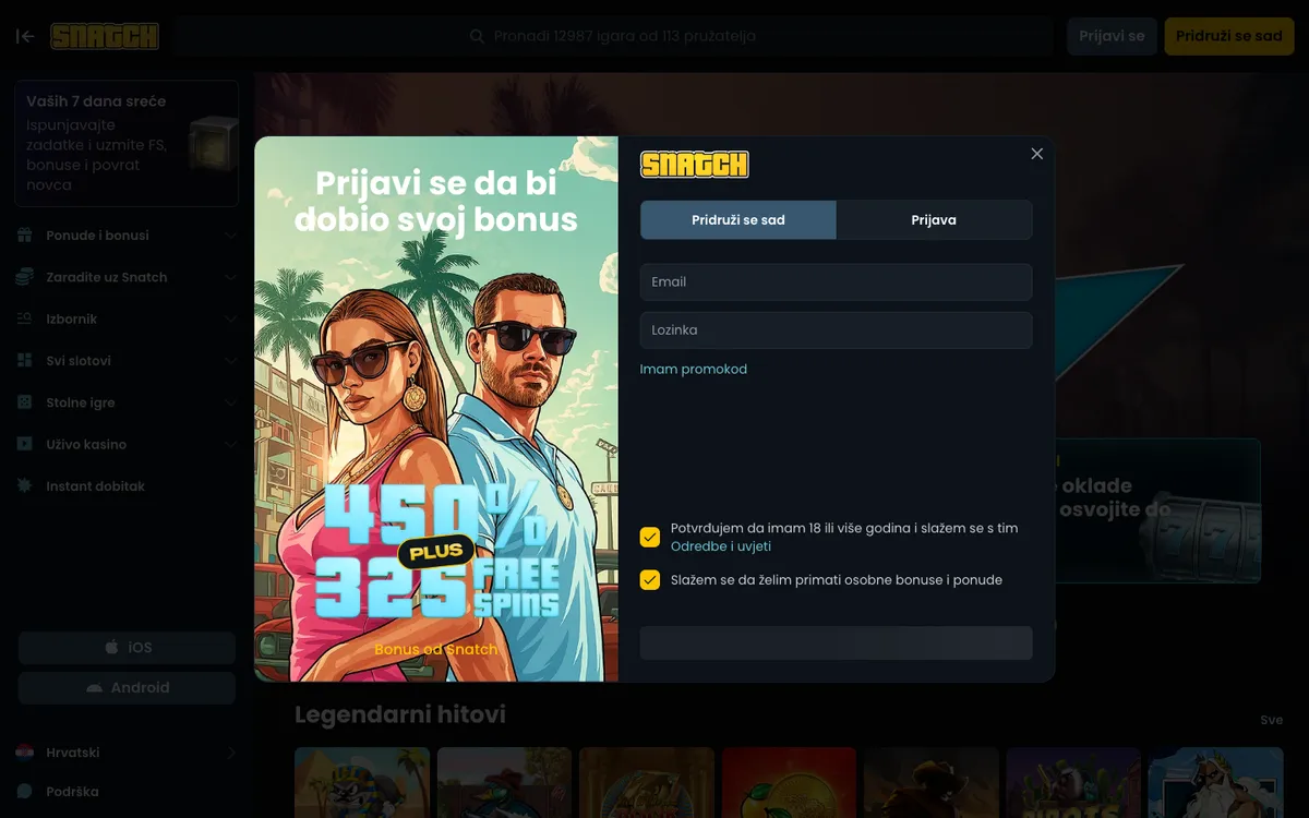 Snatch Casino — Home page, captured from Croatia