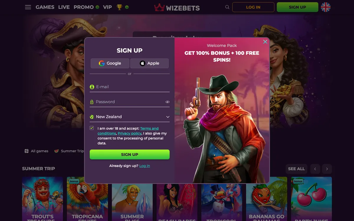 Wizebets Casino — Sign-up, captured from New Zealand