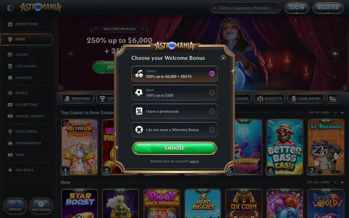 AstroMania Casino — Sign-up, captured from New Zealand
