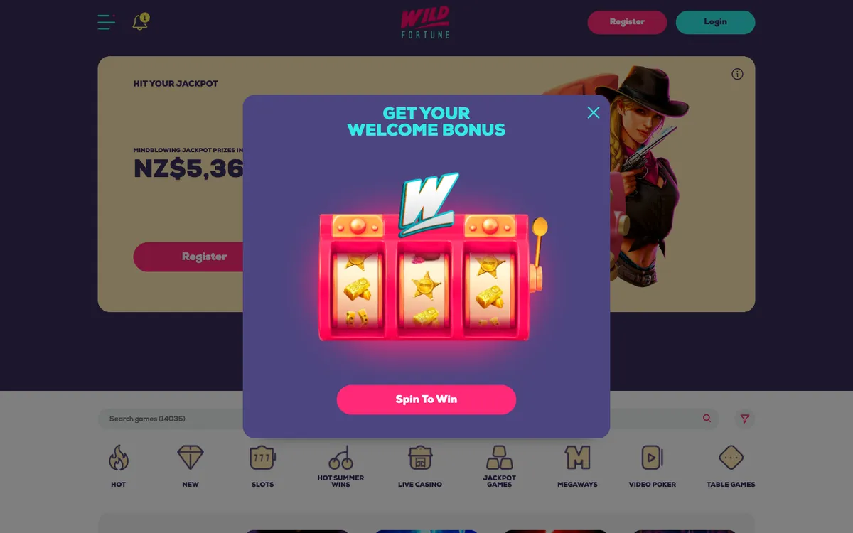 Wildfortune Casino — Home page, captured from New Zealand