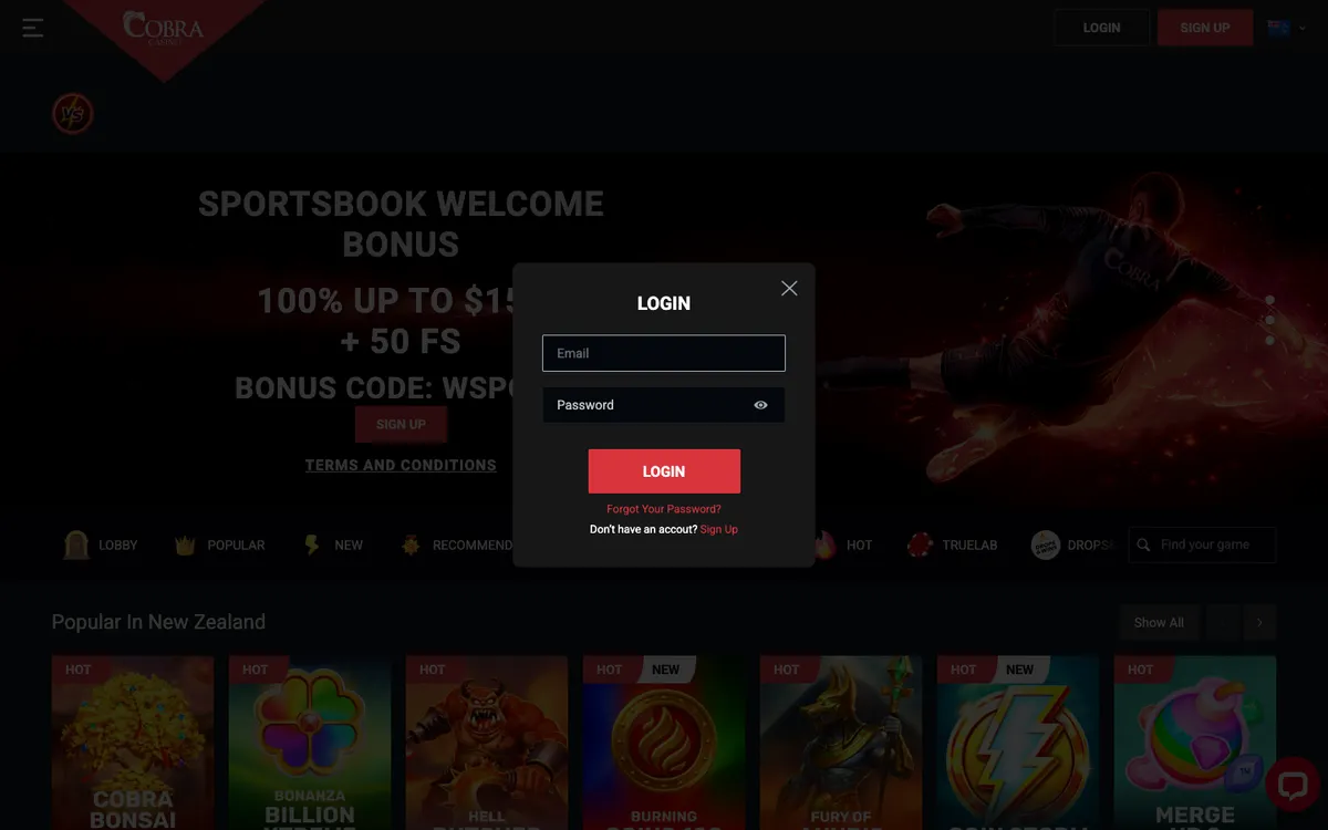 Cobra Casino — «Регистрация», снято из страны Новая Зеландия