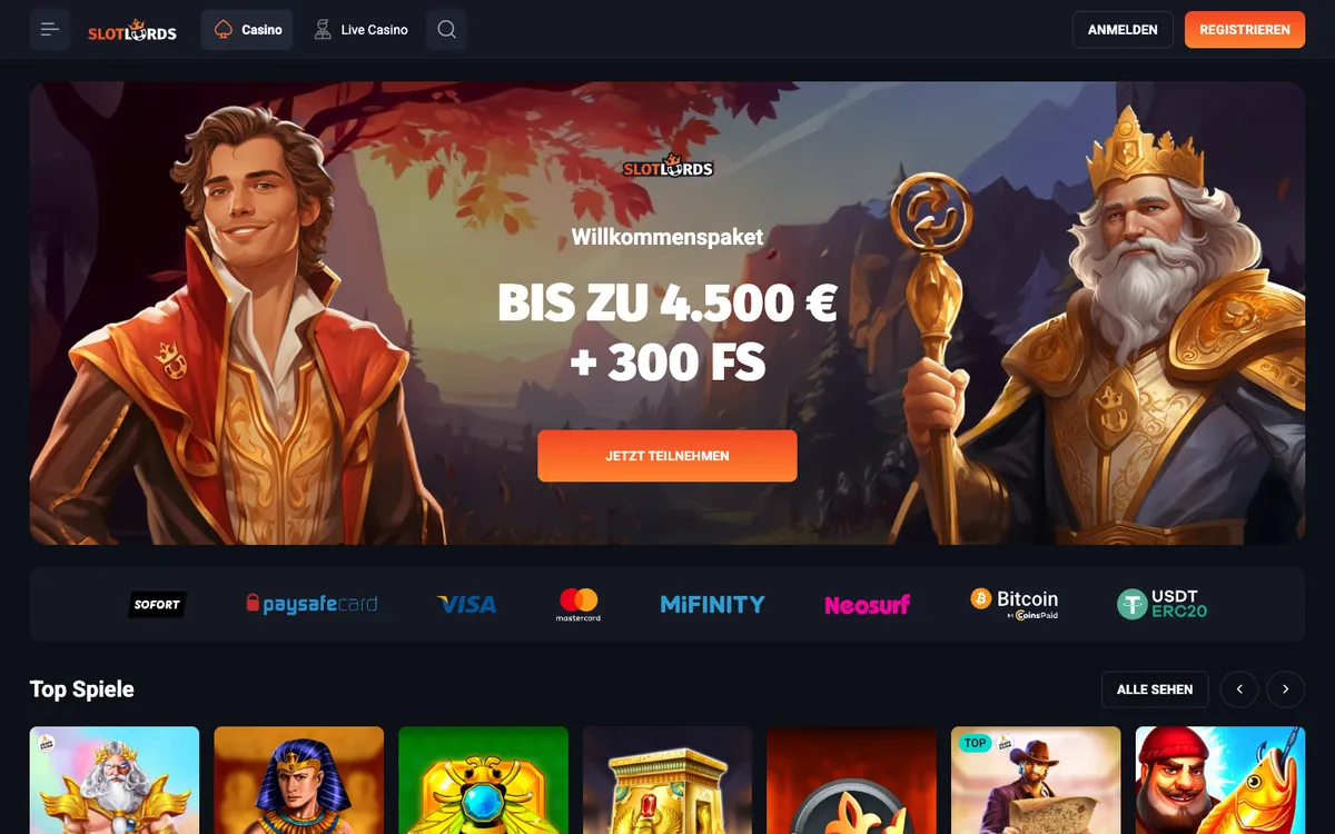 SlotLords Casino — Home page, captured from Austria