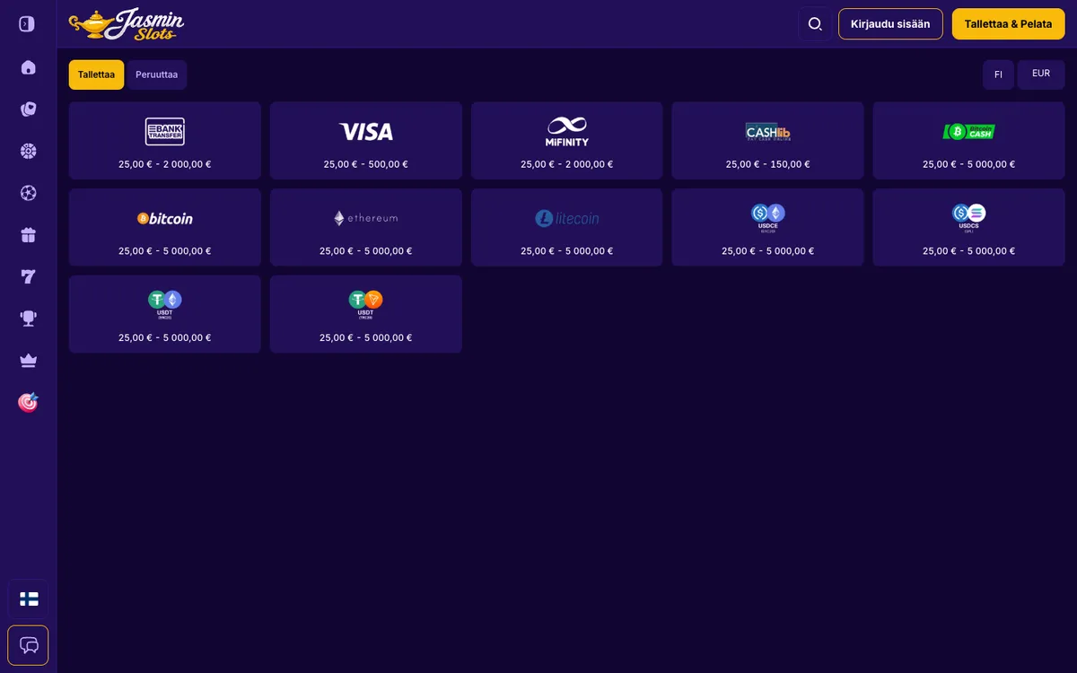 JasminSlots Casino — Payments, captured from Finland