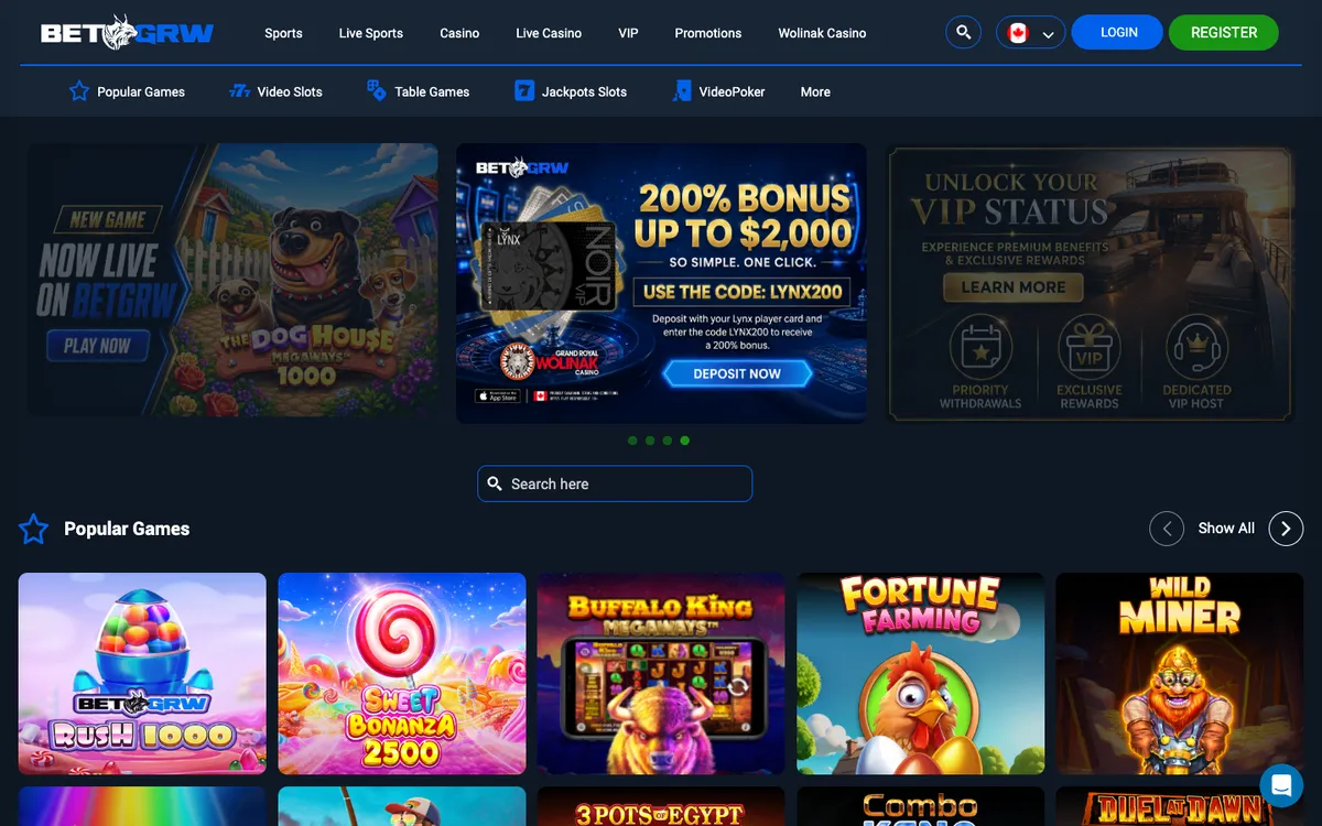 BetGRW Casino — Home page, captured from Canada