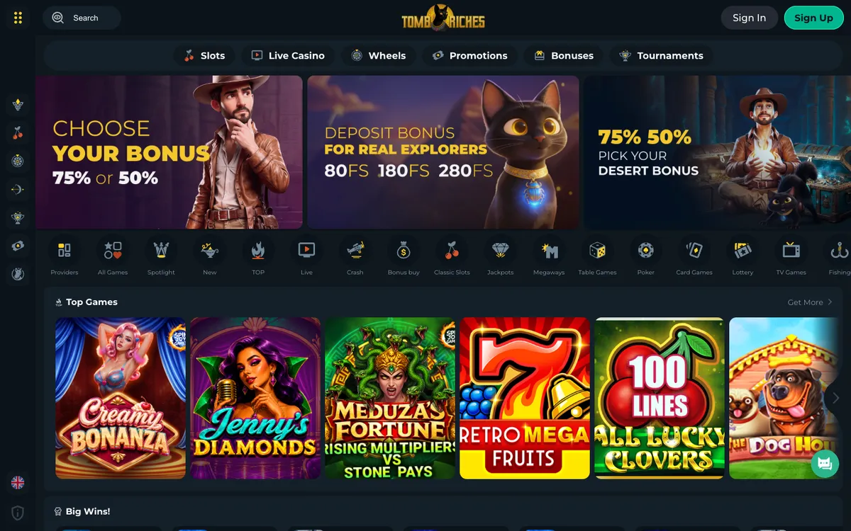 Tomb Riches Casino — Home page, captured from Canada