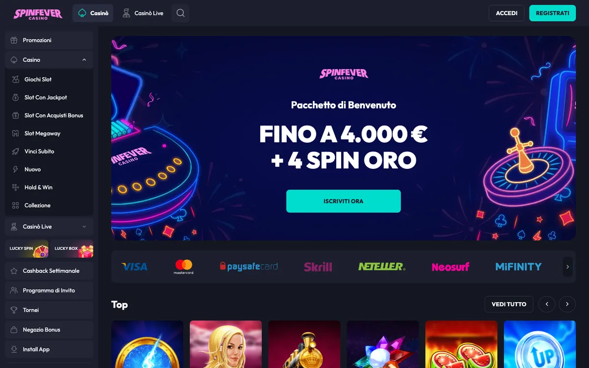 SpinFever Casino — Home page, captured from Italy