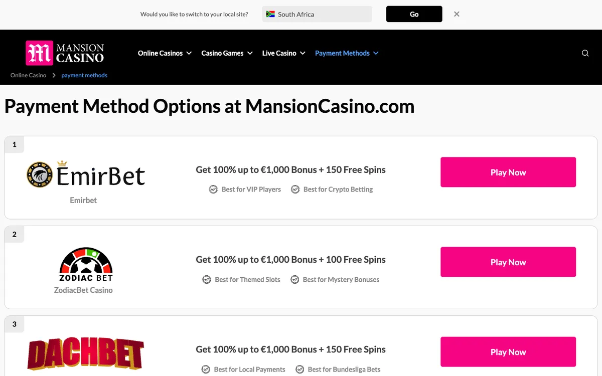 Mansion Casino — Payments, captured from South Africa