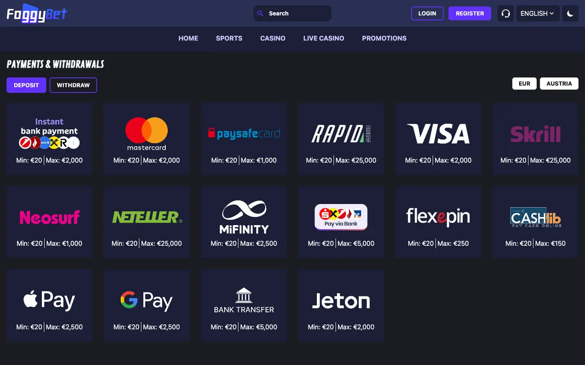 FoggyBet Casino — Payments, captured from Austria