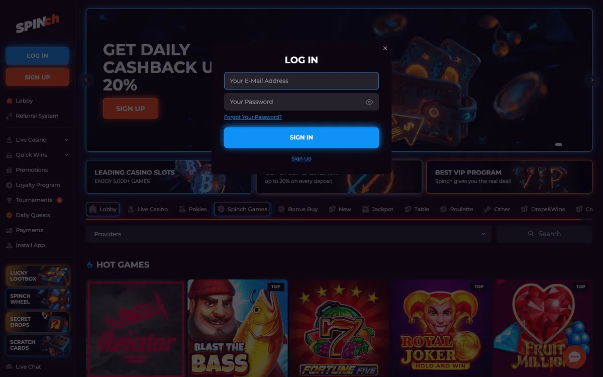 Spinch Casino — «Регистрация», снято из страны Австралия