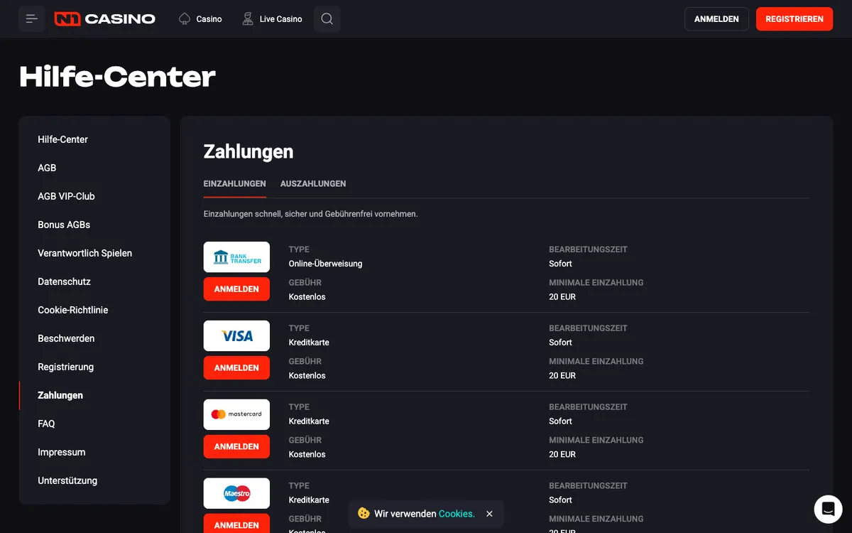 N1 Casino — Payments, captured from Germany