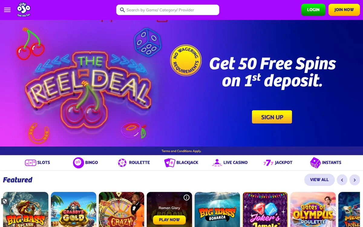 PlayOJO Casino — Home page, captured from Australia