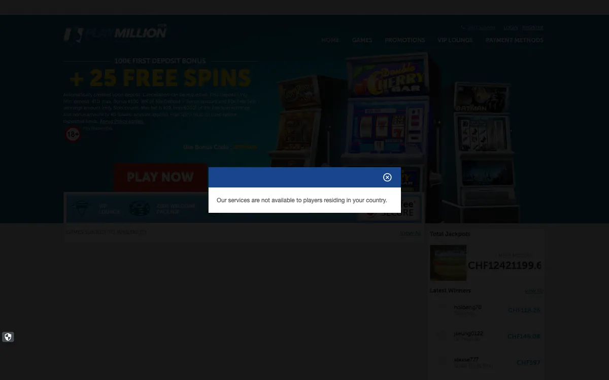 Play Million Casino — Sign-up, captured from Switzerland