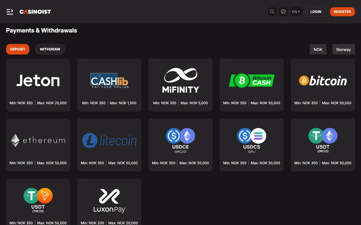 Casinoist Casino — Payments, captured from Norway