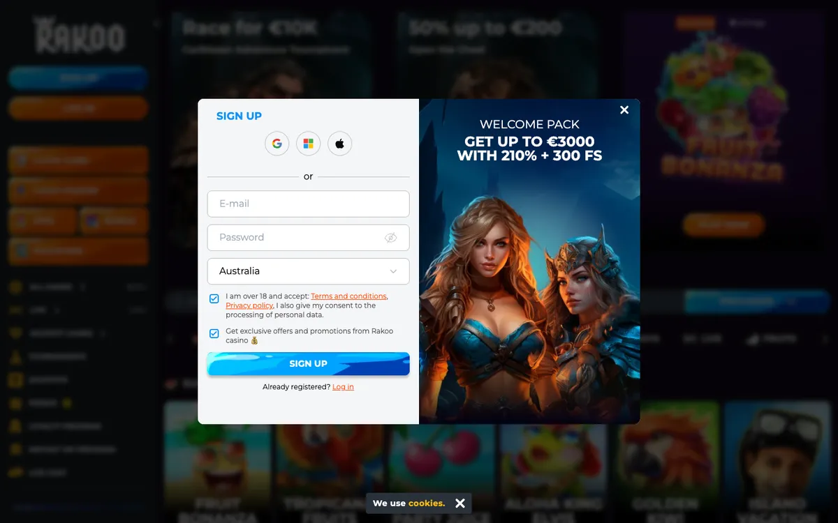 Rakoo Casino — Sign-up, captured from Australia