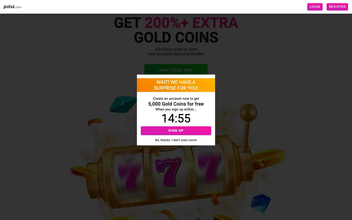Pulsz Casino — Home page, captured from United States