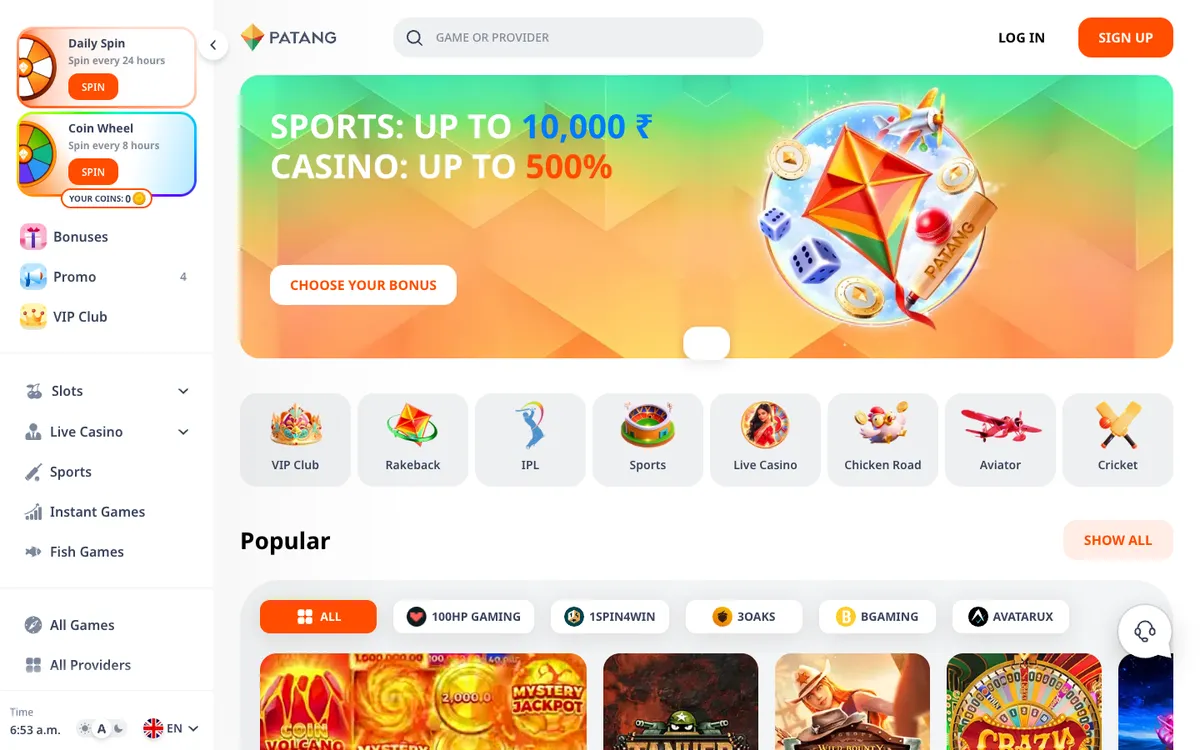 Patang Casino — Home page, captured from Austria