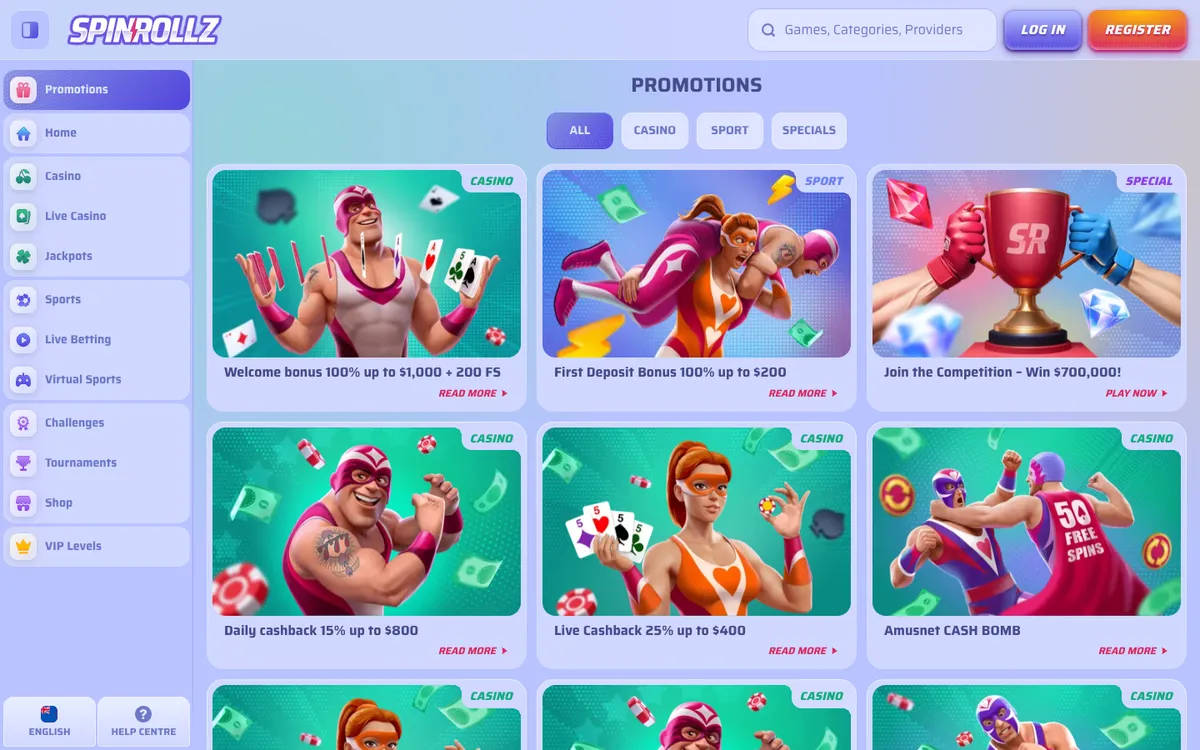Spinrollz Casino — «Акции», снято из страны Новая Зеландия
