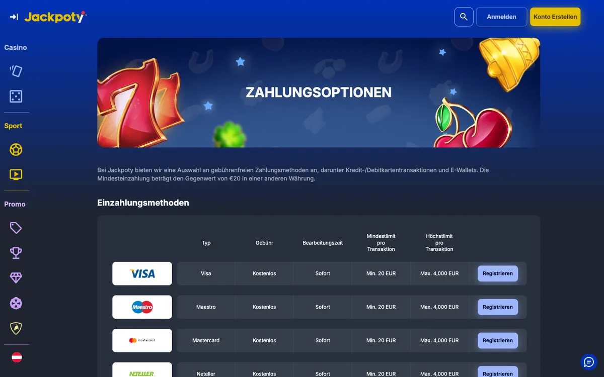 Jackpoty Casino — «Платежи», снято из страны Австрия