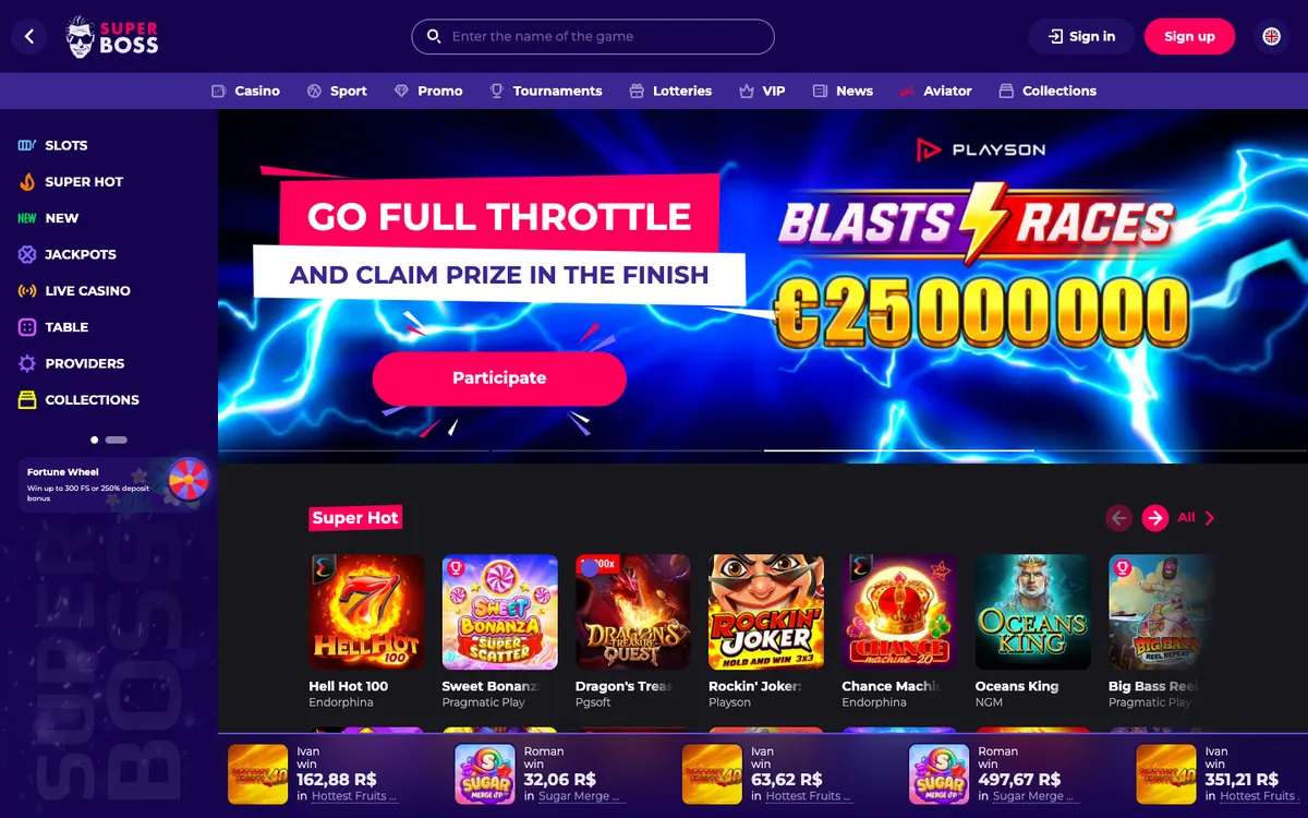 SuperBoss Casino — Home page, captured from Brazil