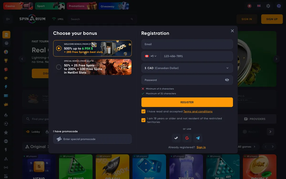 Spinarium Casino — Home page, captured from Canada