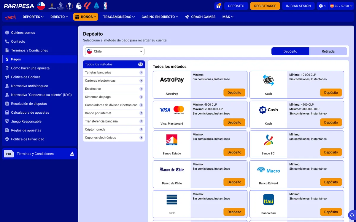 Paripesa Casino — Payments, captured from Chile