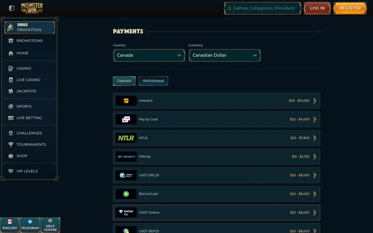 Monsterwin Casino — Payments, captured from Canada