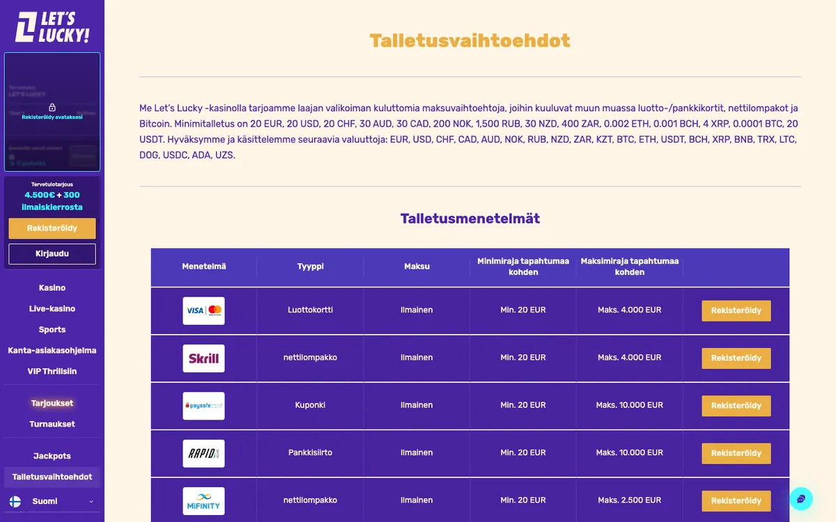 LetsLucky Casino — Payments, captured from Finland