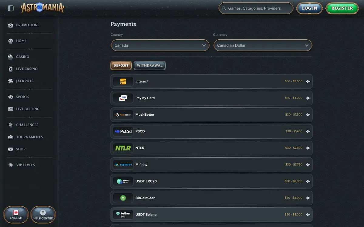 AstroMania Casino — Payments, captured from Canada