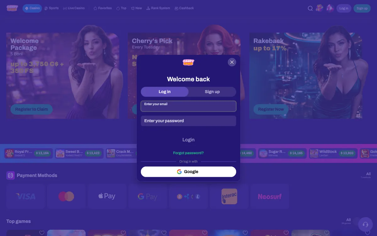 CandySpinz Casino — Sign-up, captured from Canada