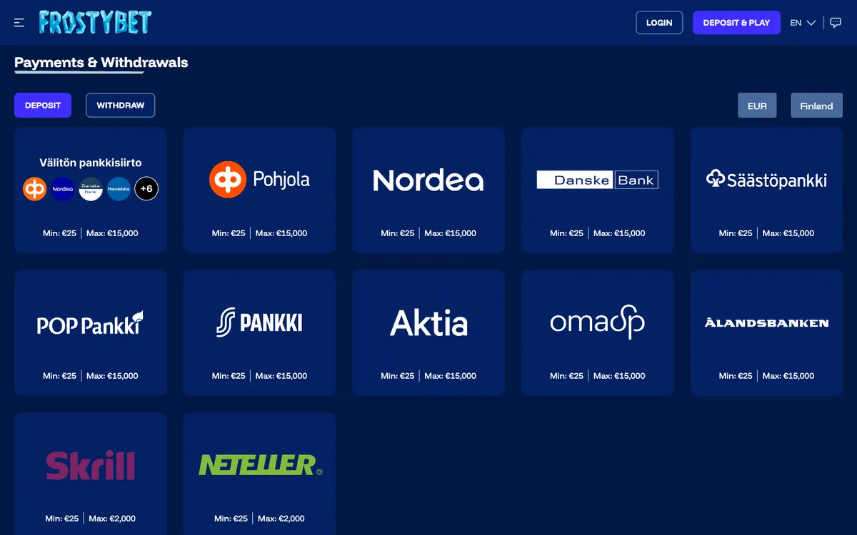 Frostybet Casino — Payments, captured from Finland