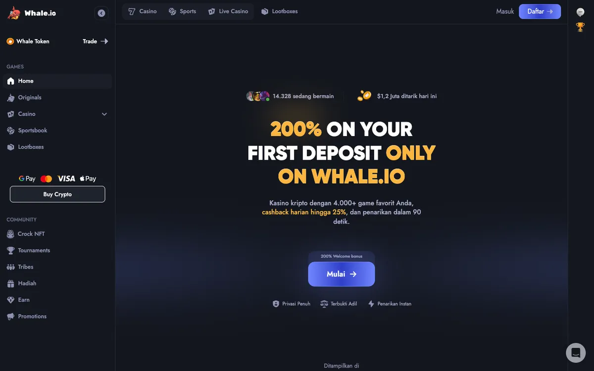 Whale Casino — Home page, captured from Indonesia
