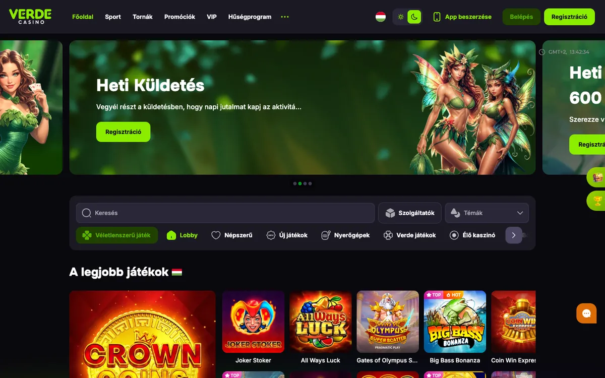 Verde Casino — Home page, captured from Hungary