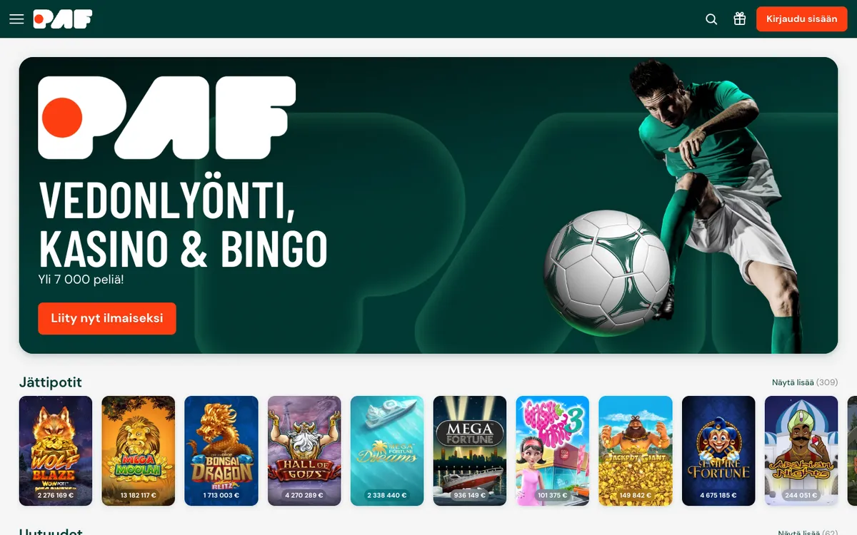 Paf Casino — Home page, captured from Finland