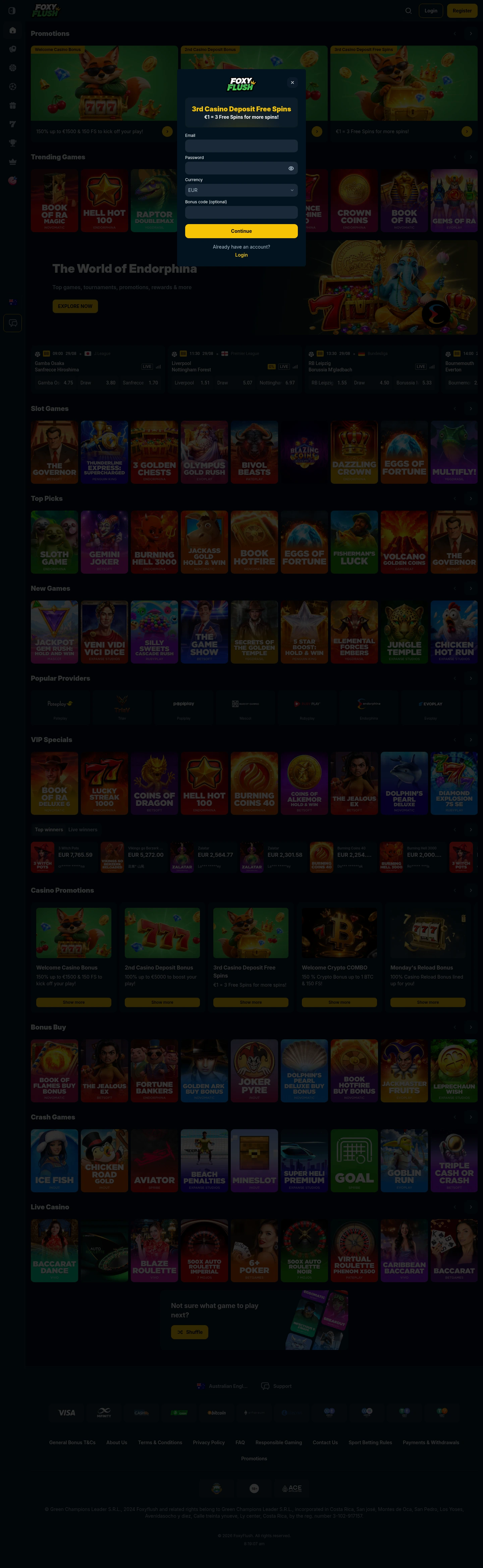 FoxyFlush Casino — «Регистрация», снято из страны Австралия