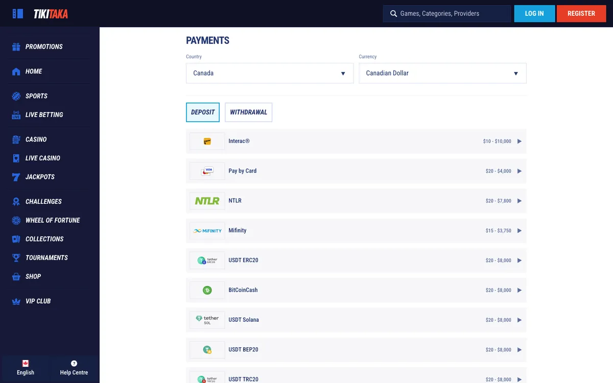 TikiTaka Casino — Payments, captured from Canada