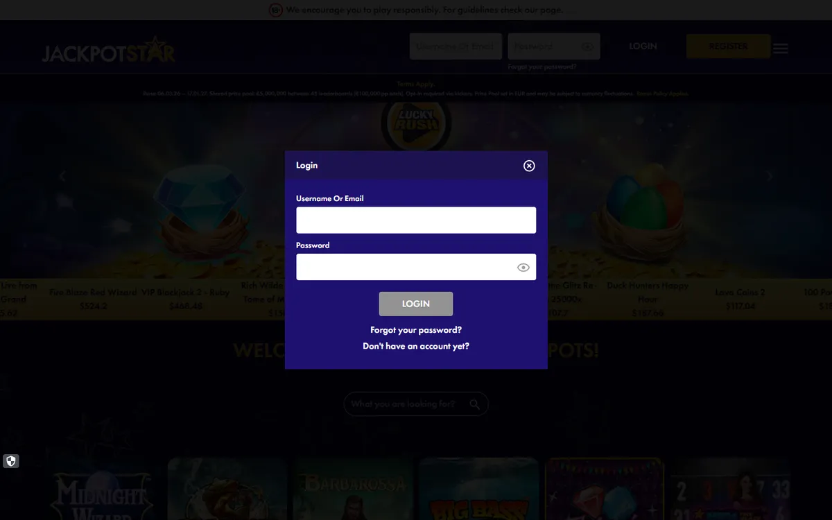 Jackpot Star Casino — Sign-up, captured from Canada