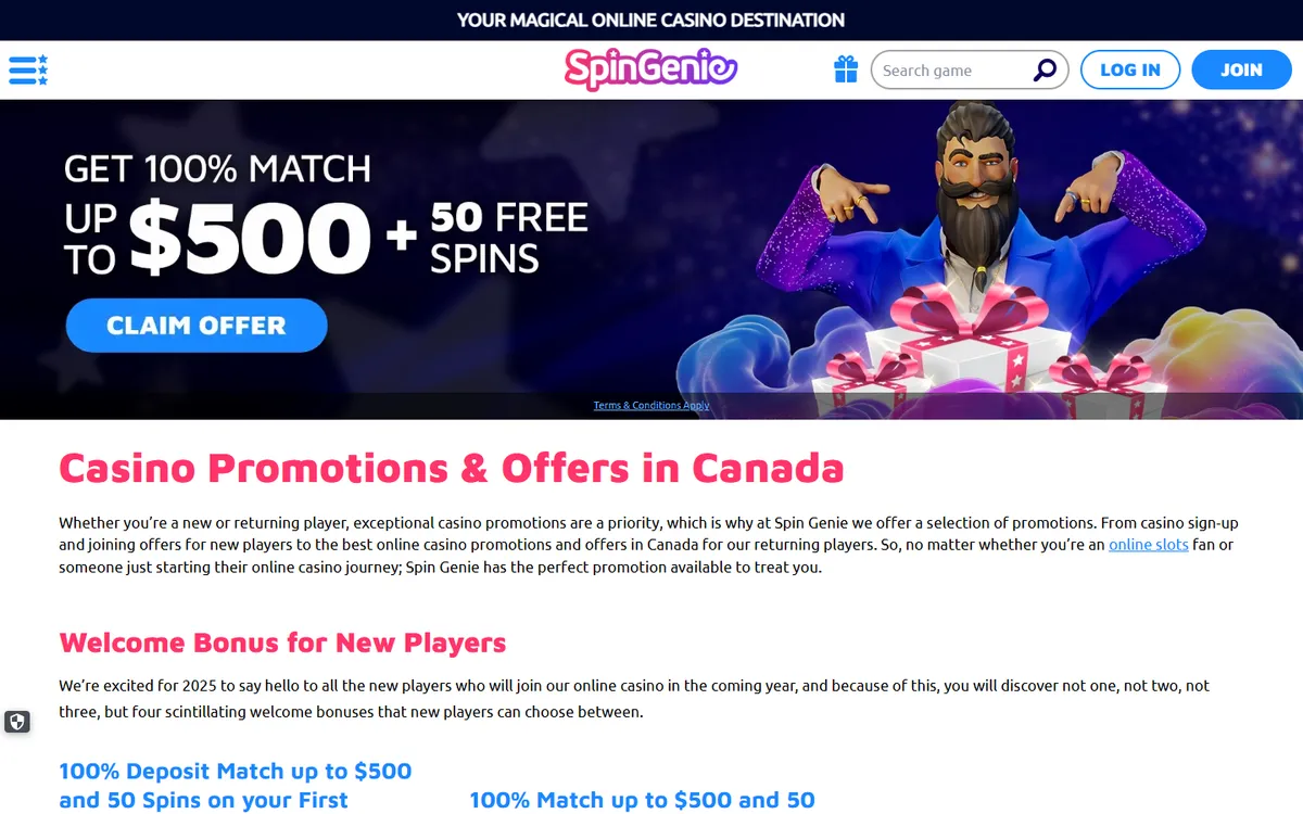 Spin Genie Casino — Promotions, captured from Canada