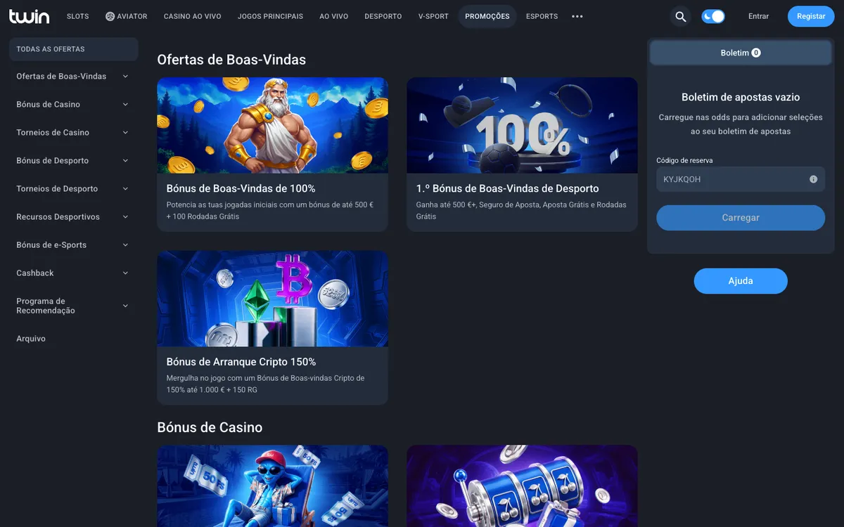 Twin Casino — Promotions, captured from Portugal