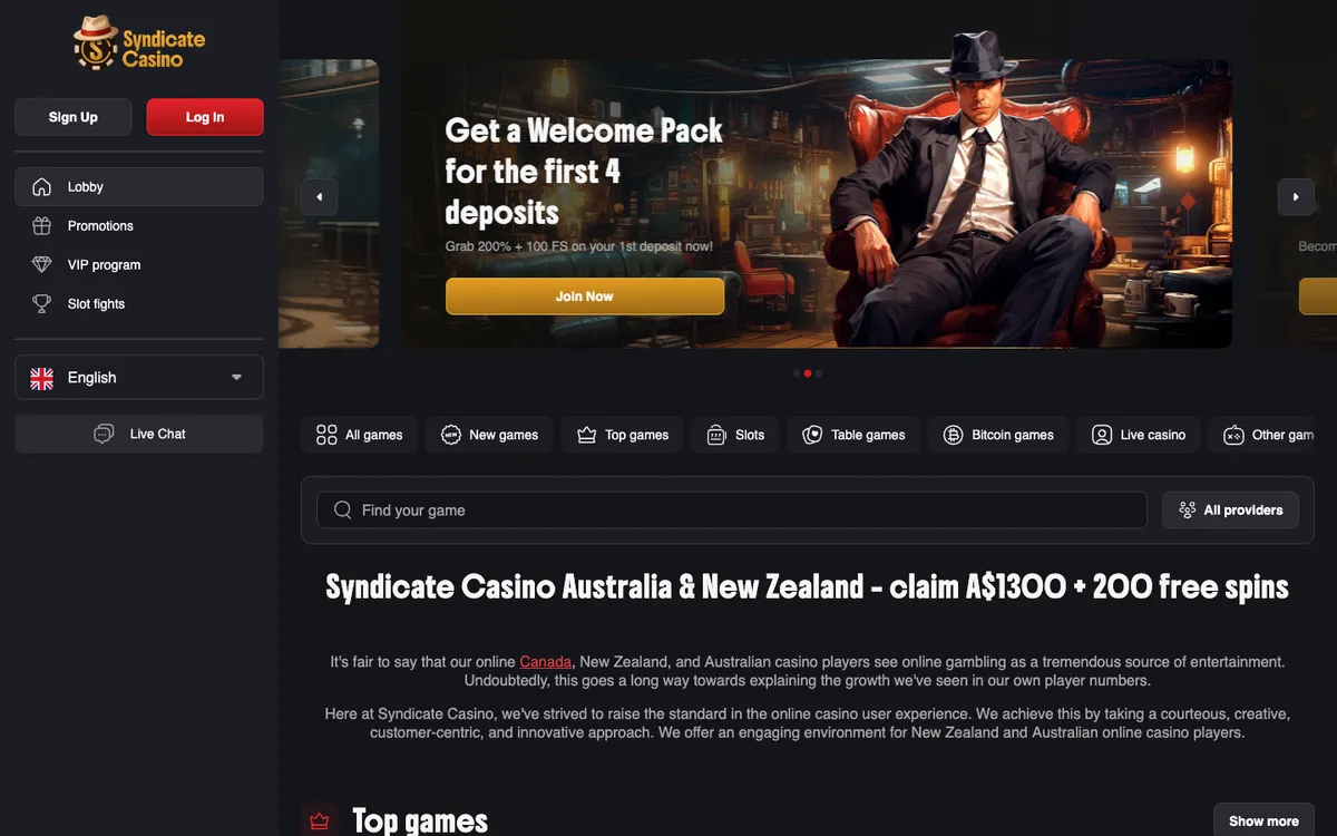 Syndicate Casino — «Главная», снято из страны Южно-Африканская Республика