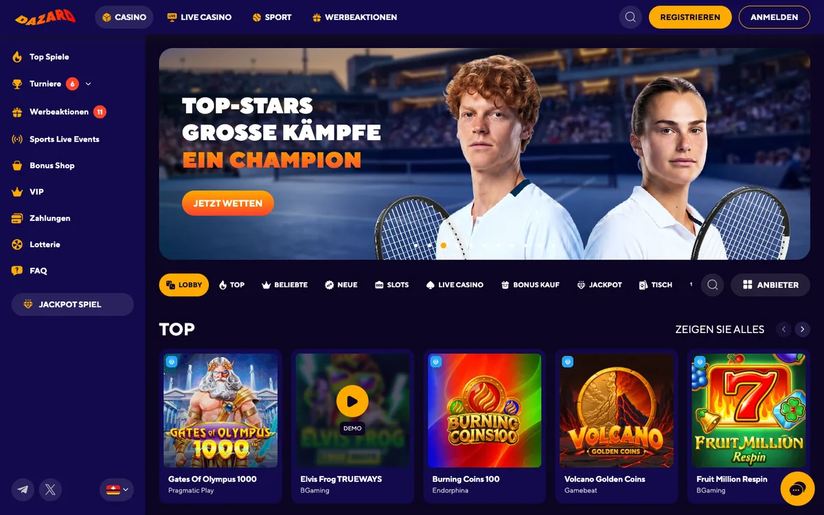 Dazard Casino — Home page, captured from Switzerland