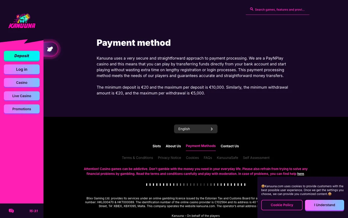 Kanuuna Casino — Payments, captured from Estonia