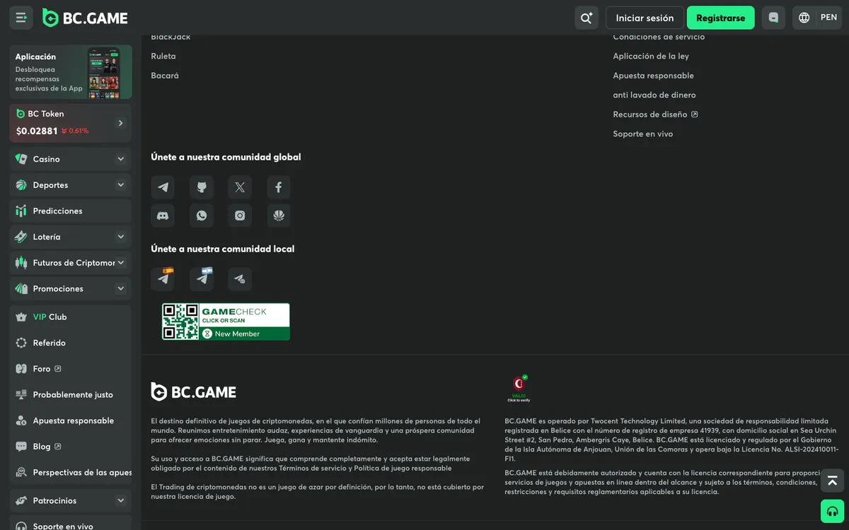 BC.Game Casino — «Главная», снято из страны Перу
