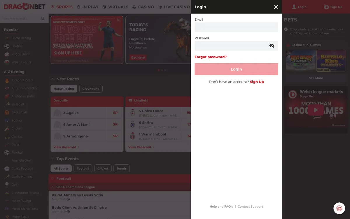 DragonBet Casino — «Регистрация», снято из страны Великобритания